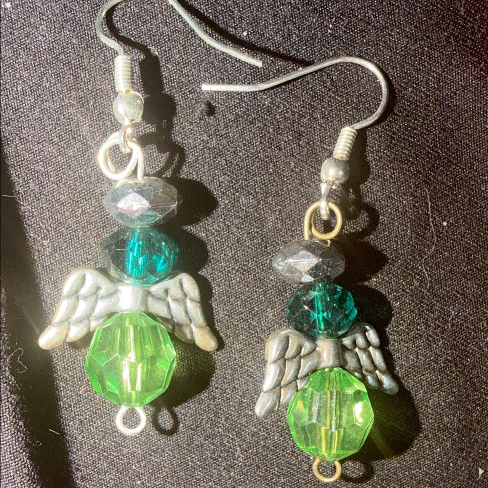 Silver and Green Angel Wing Drop Earrings